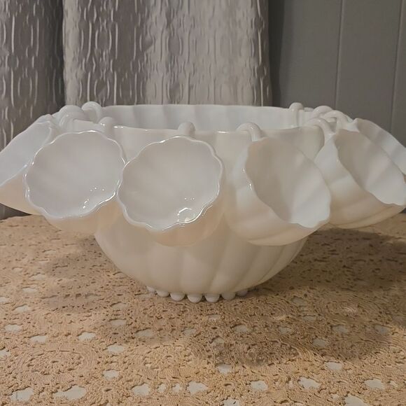Vintage Hazel Atlas Milk Glass Alpine White Swirl Punch Bowl Set 11 Peace - Picture 1 of 8